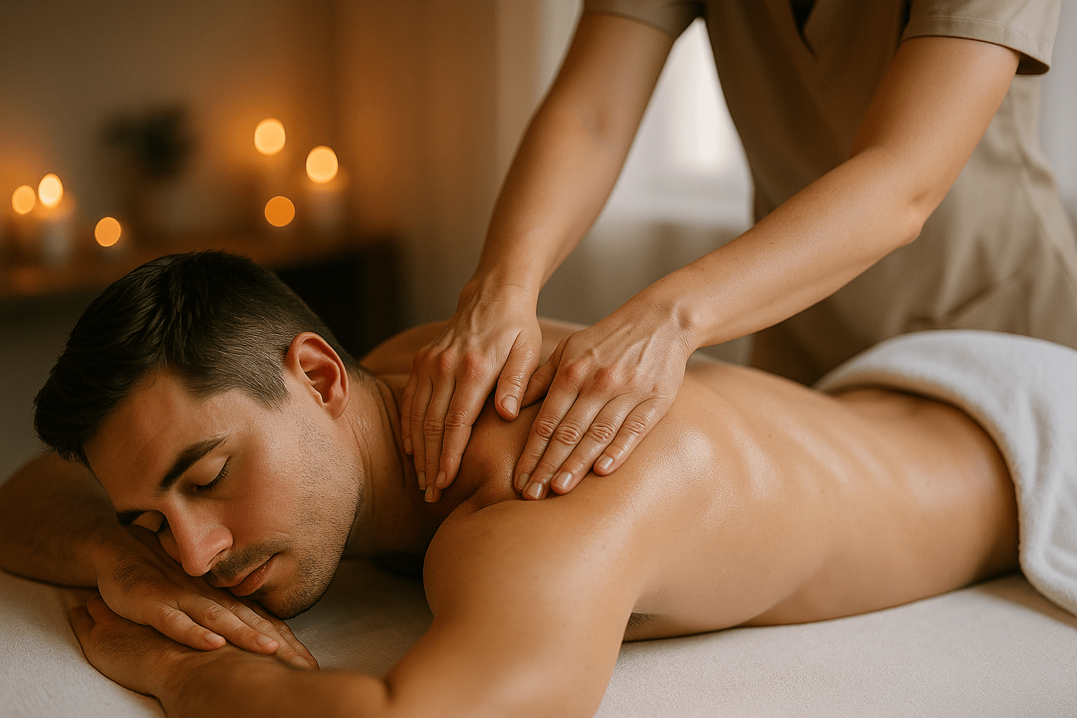 Mann bekommt Rückenmassage von einer erfahrenen Thaimasseurin